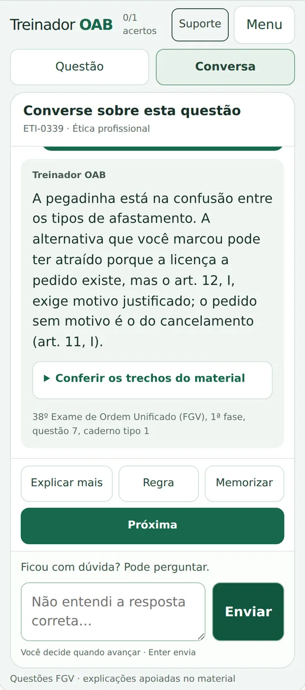 Tela real do Treinador OAB: a IA explica a pegadinha de uma questão de Ética da OAB, citando o art. 12 e o art. 11 do Estatuto