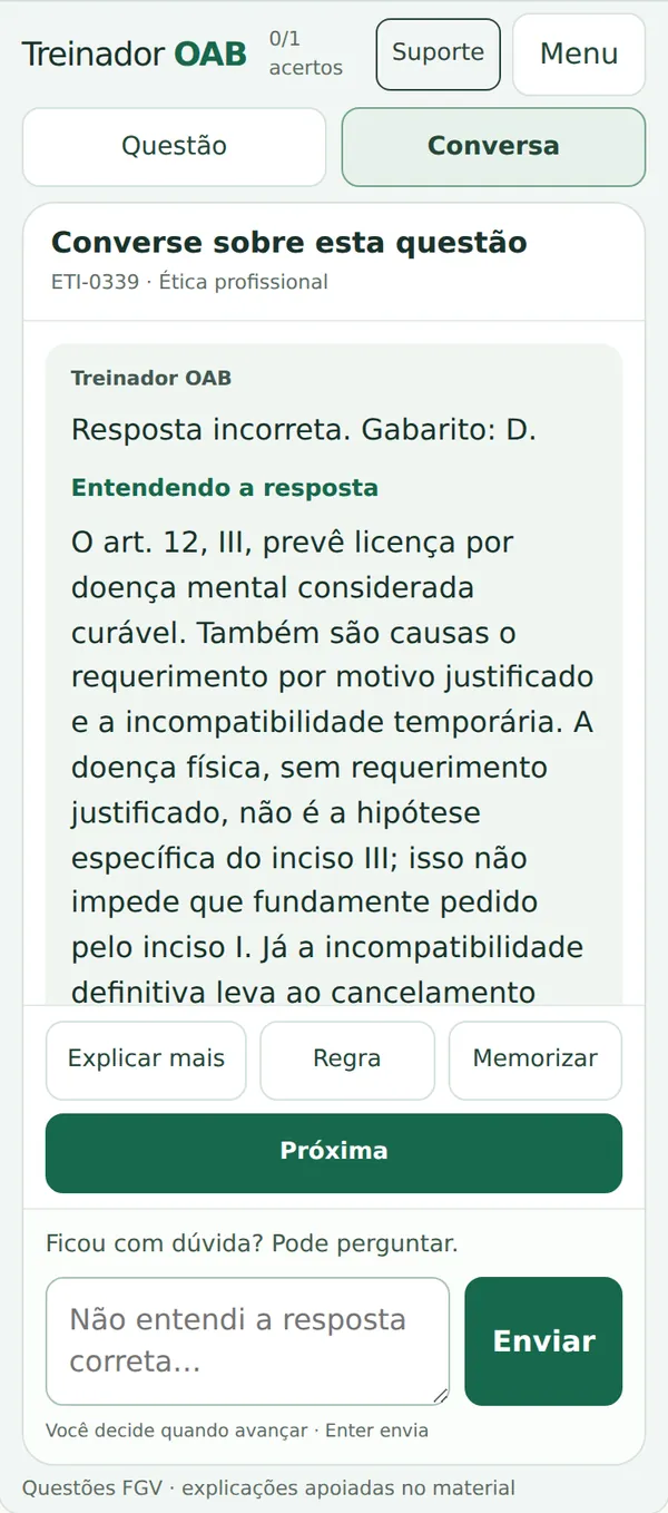Tela real: correção com o gabarito e a explicação