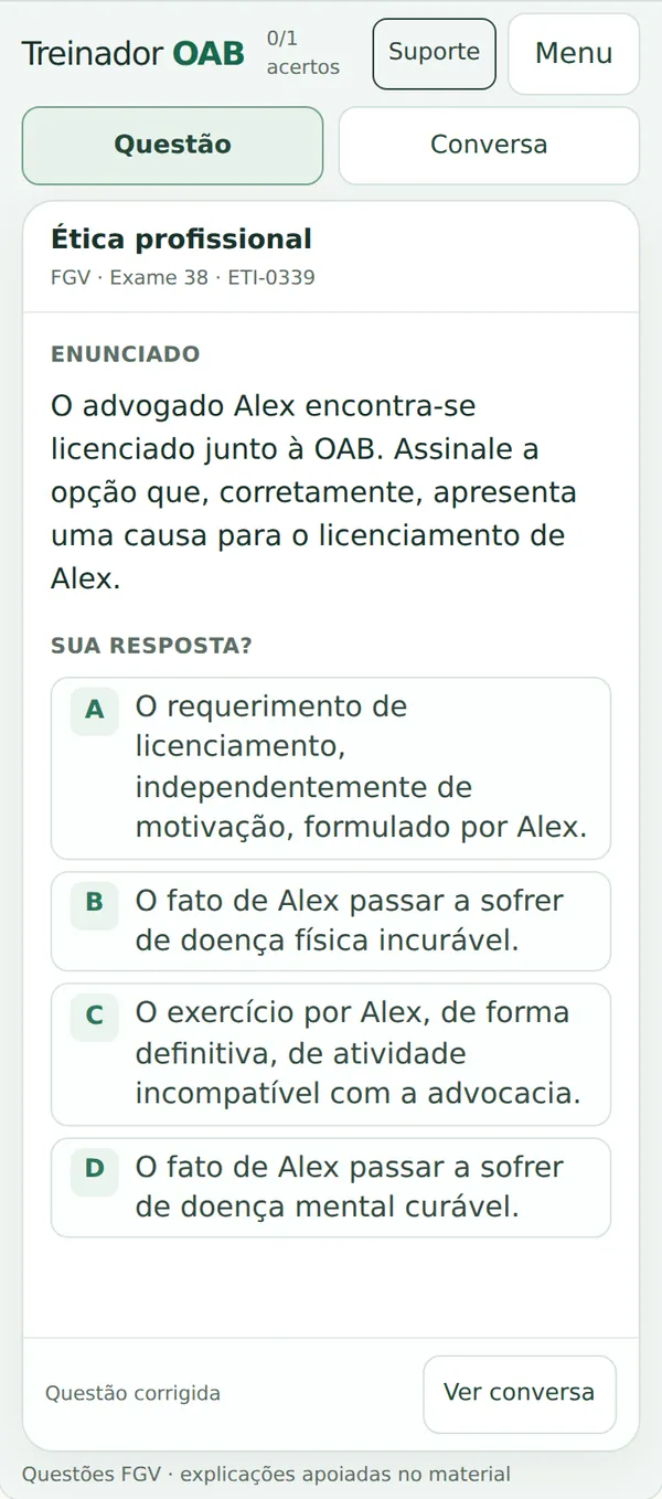 Tela real: questão oficial de Ética da FGV com quatro alternativas